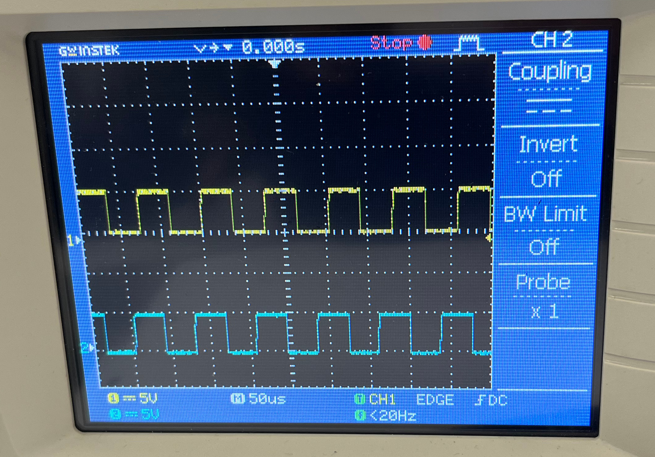 Oscilloscope trace of quadrature signal in clockwise (positive) direction. The 0 V datum point is marked by the triangles on the left hand side of the screen.